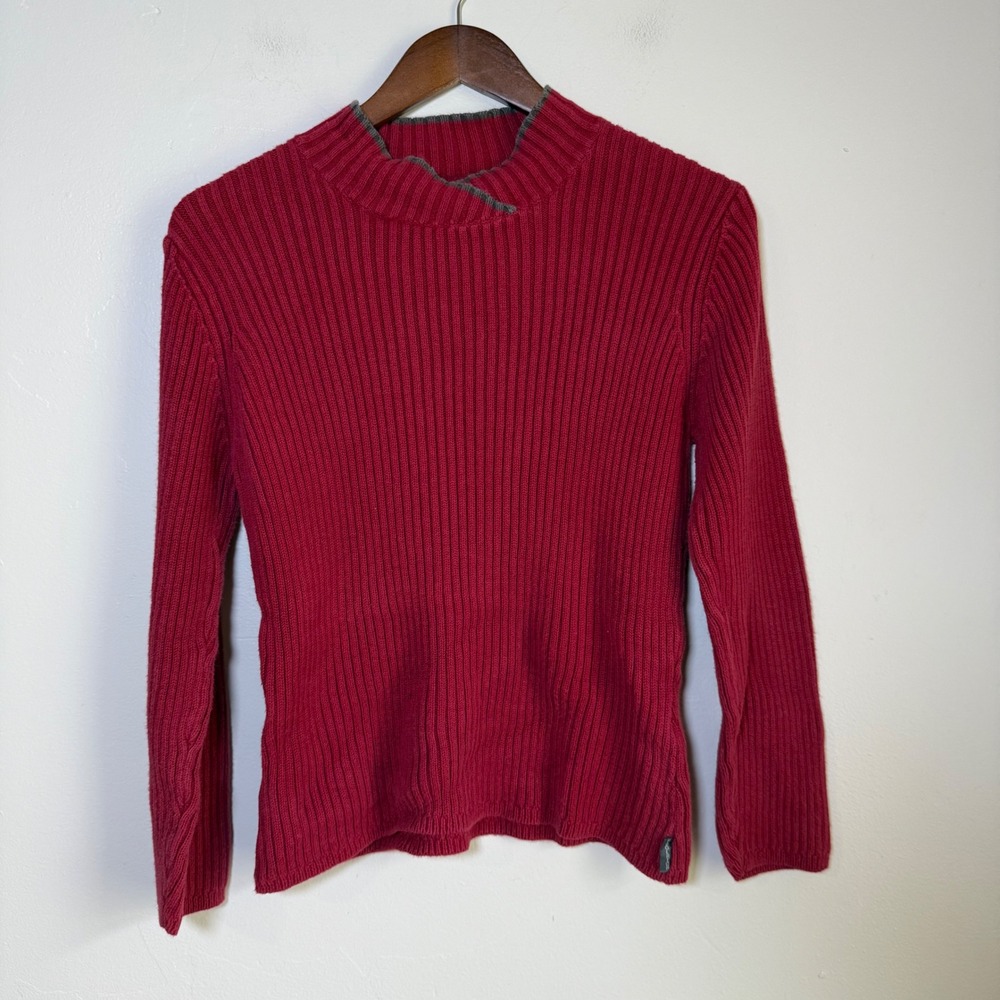 Woolrich Ribbed Mock Neck Overlap Collar Sweater Size Medium Petite Red